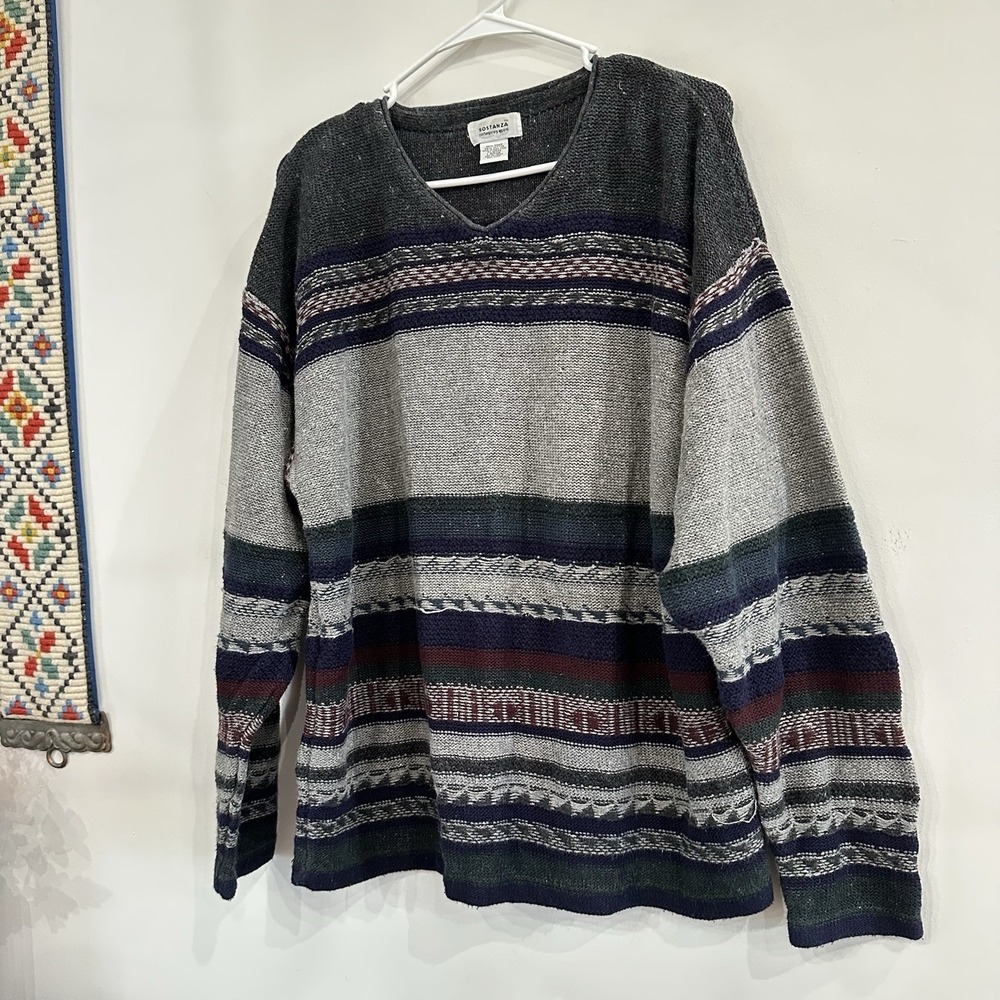 VTG‎ Women's Soatanza Grandpa Core Sweater Chunky Knit 90's Stripe Blue Gray Lg